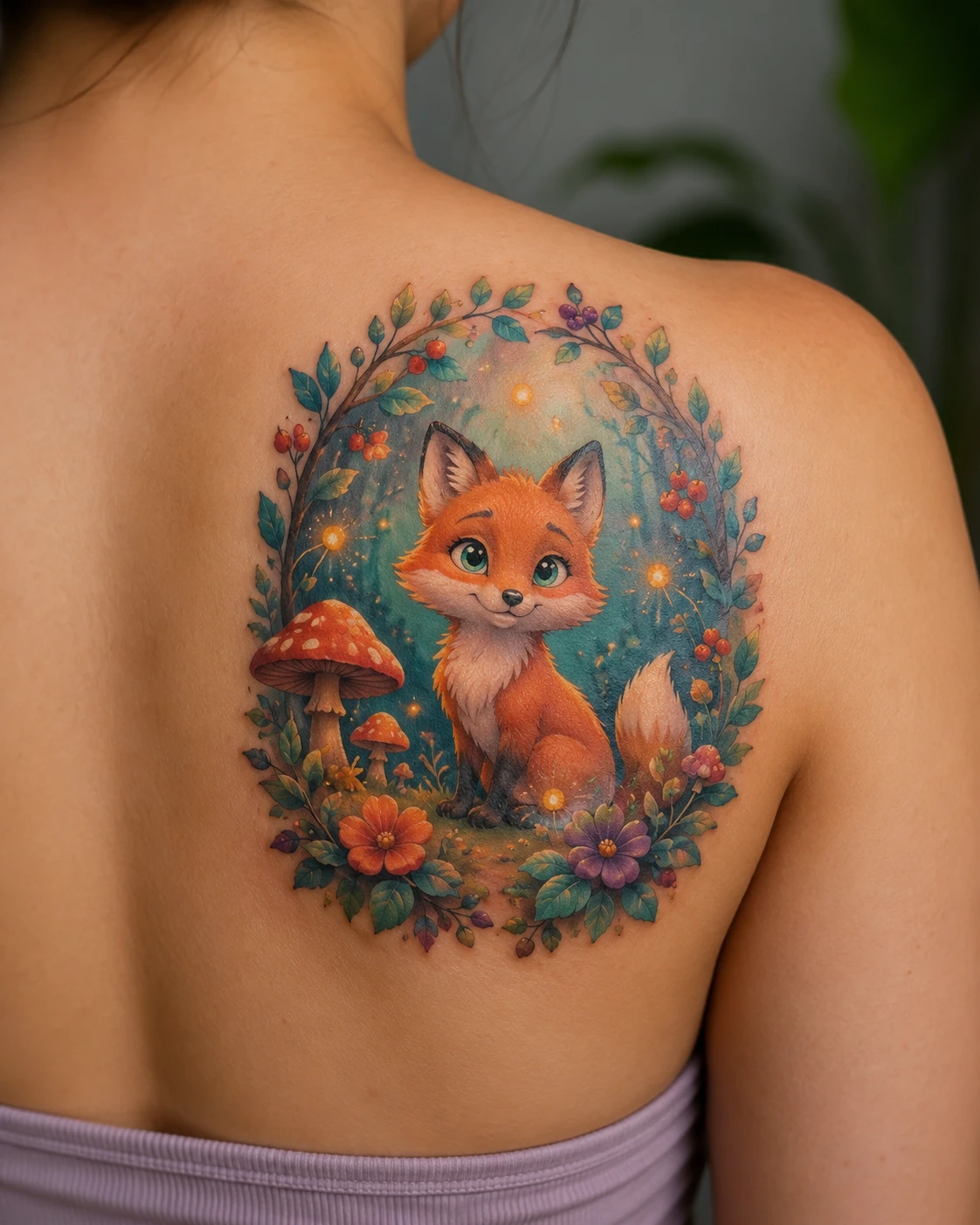 Small orange fox inside a mushroom and autumn flower woodland