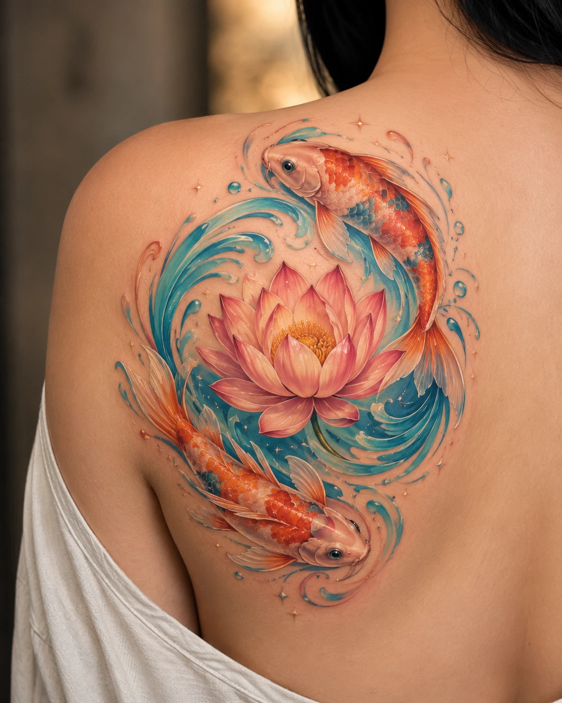 Orange koi and pink lotus tattoo with swirling water on back