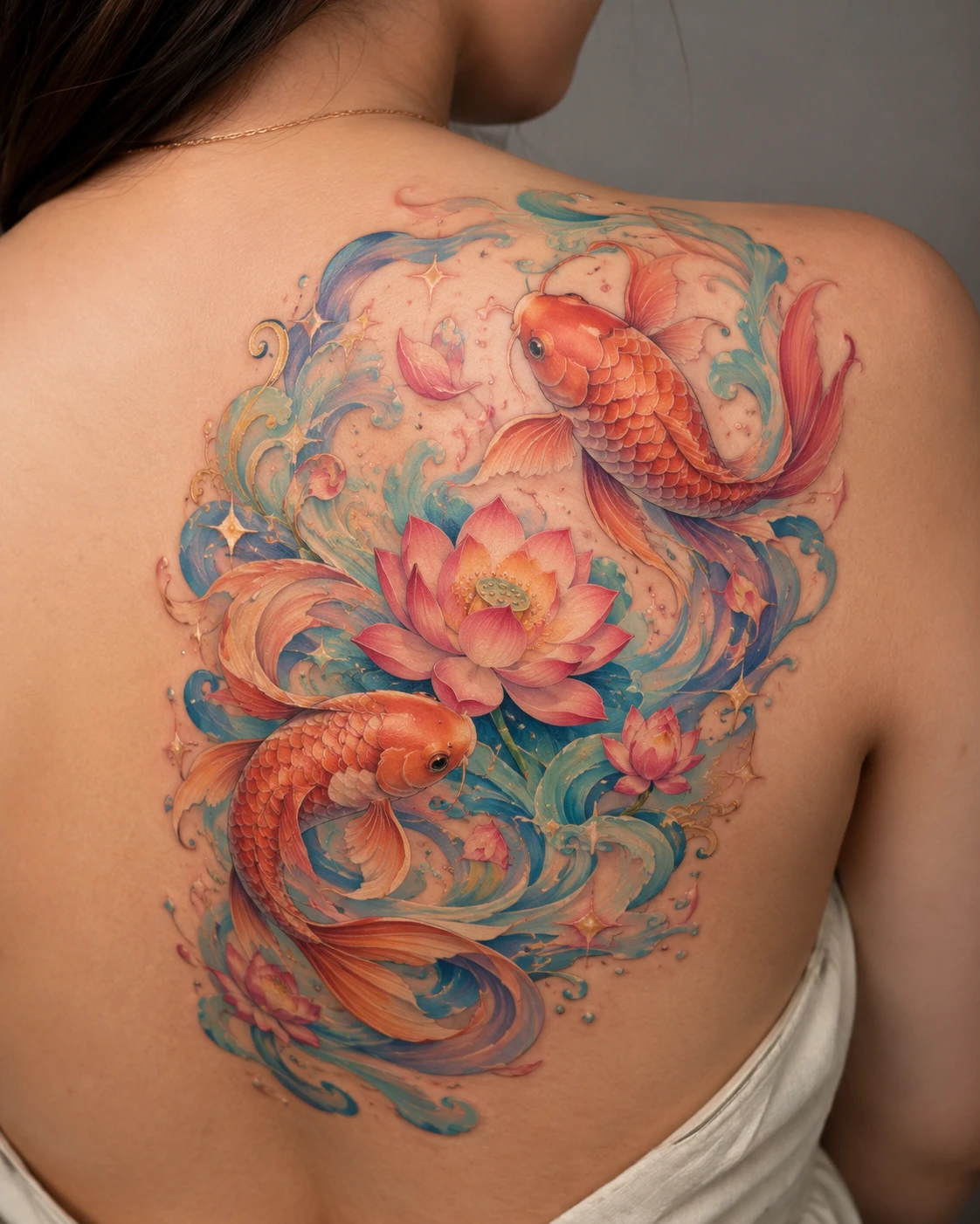 Orange koi circling pale lotus flowers in turquoise waves