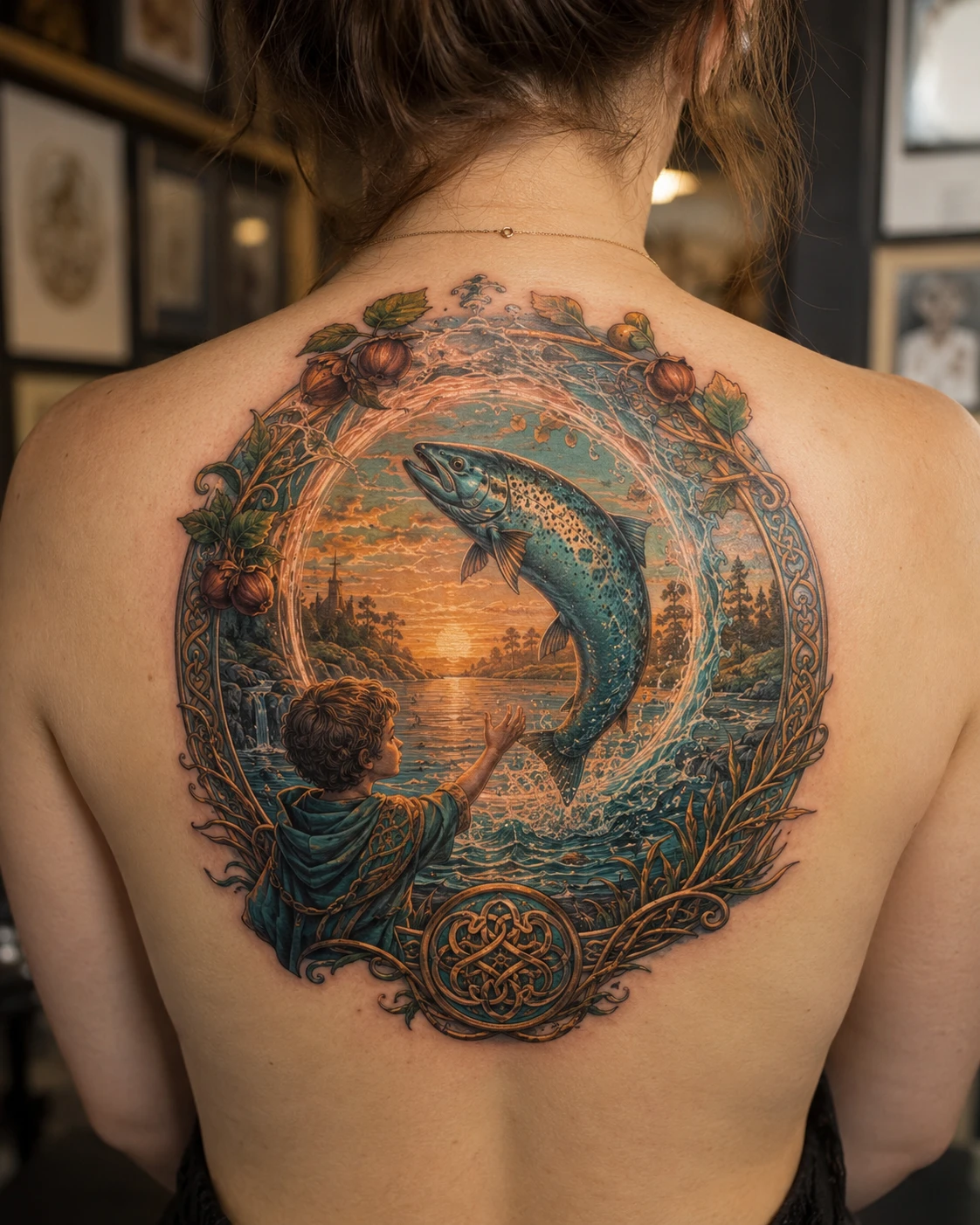 Leaping silver fish over a sunset lake in a Celtic floral frame