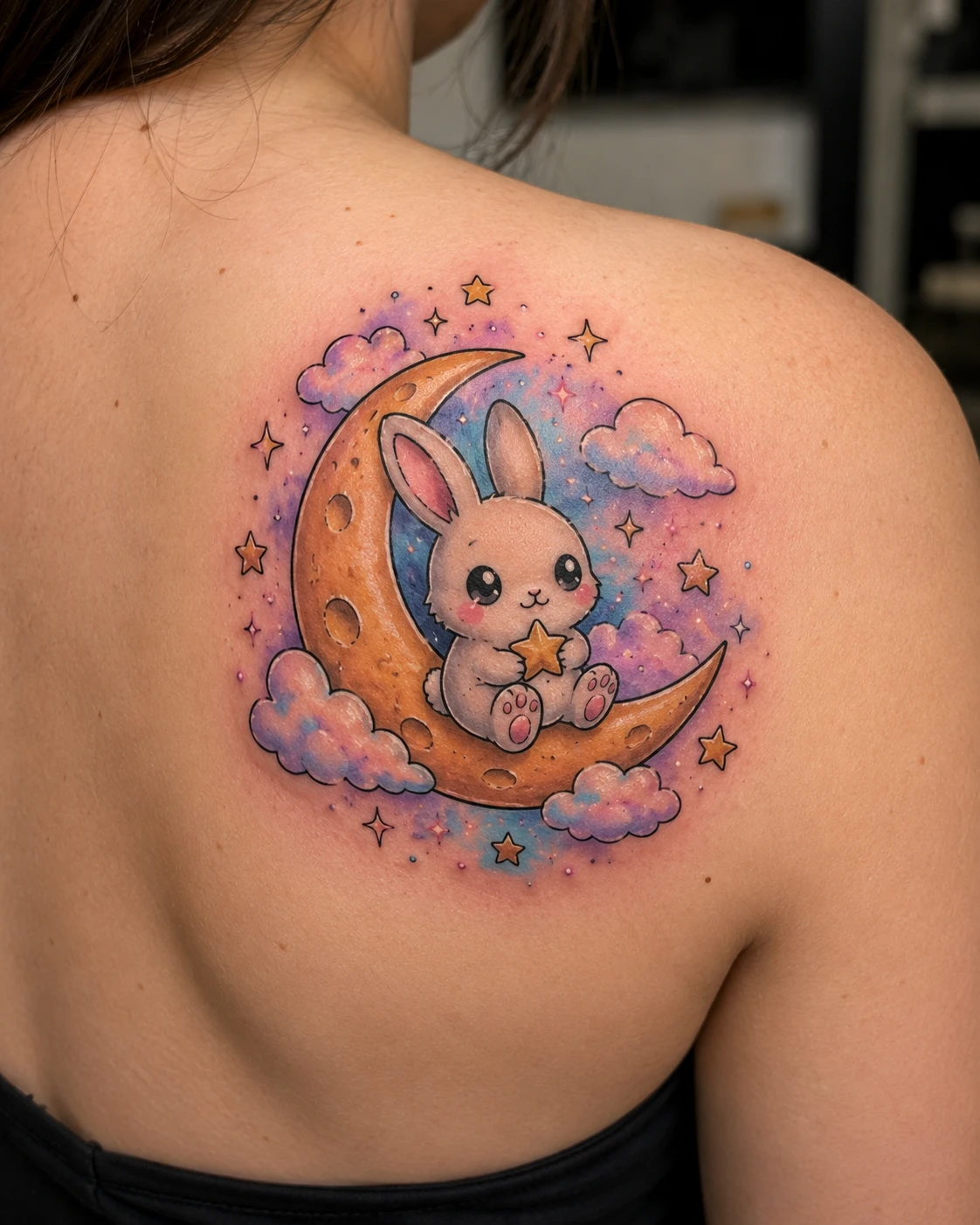 Pastel rabbit and crescent moon tattoo on upper back