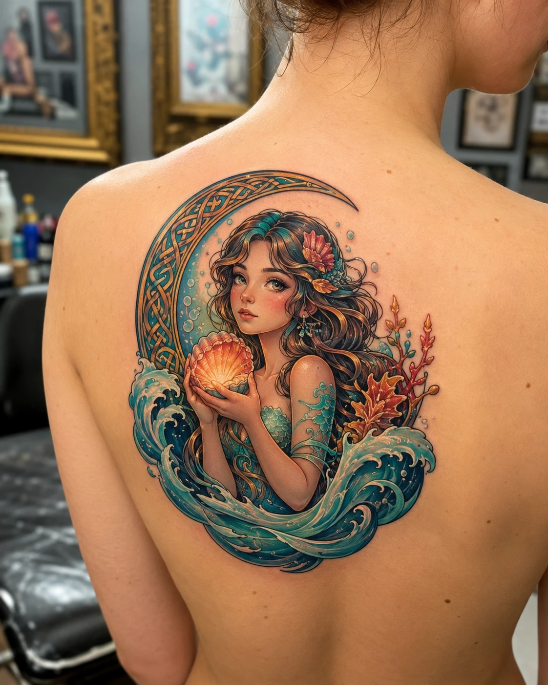 Dark-haired mermaid holding a glowing pearl among waves and coral
