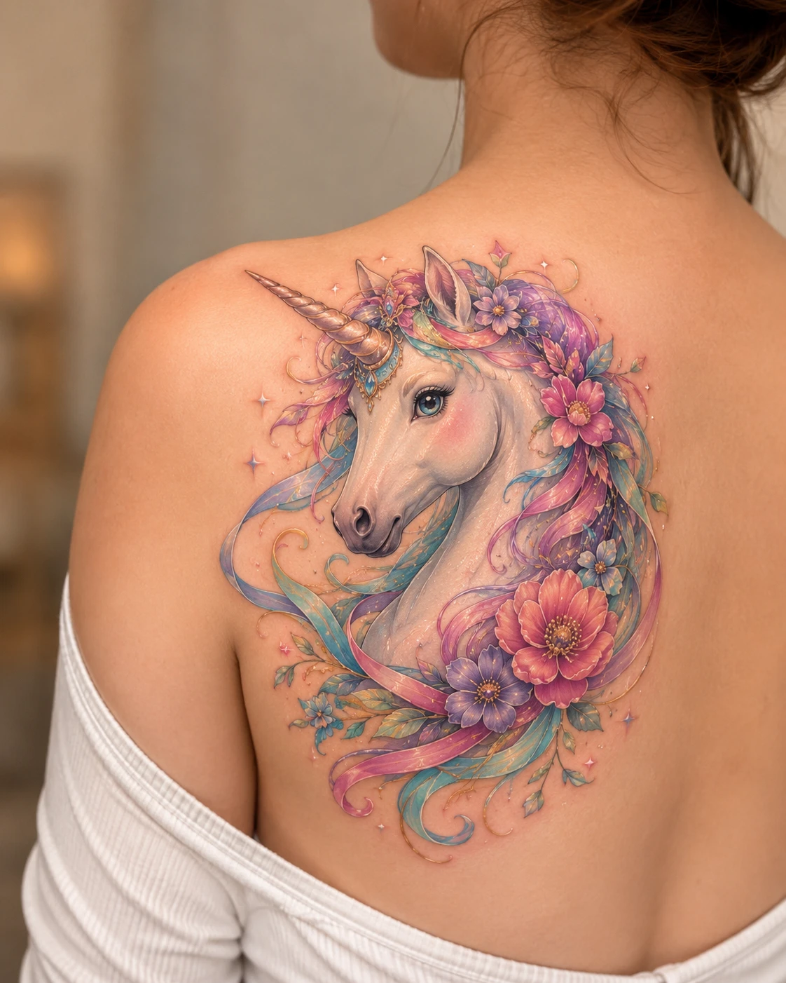 Large back tattoo of a pastel unicorn portrait surrounded by flowers and ribbons.