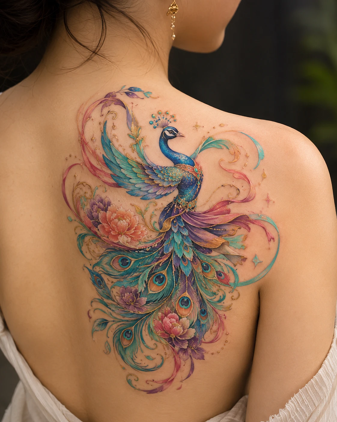 Turquoise peacock with curling tail feathers and blush peonies