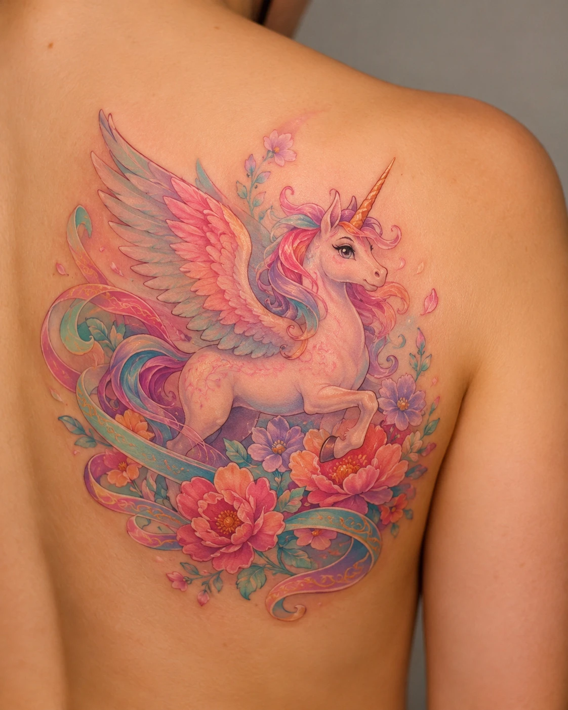 Pink winged unicorn flying above red flowers and rainbow ribbons
