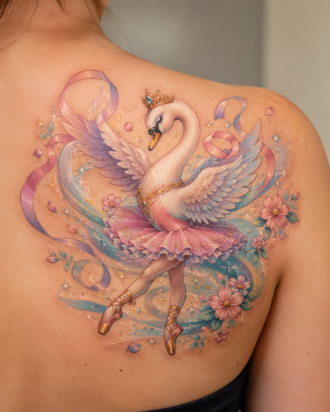 Pastel swan ballerina tattoo with flowers on upper back