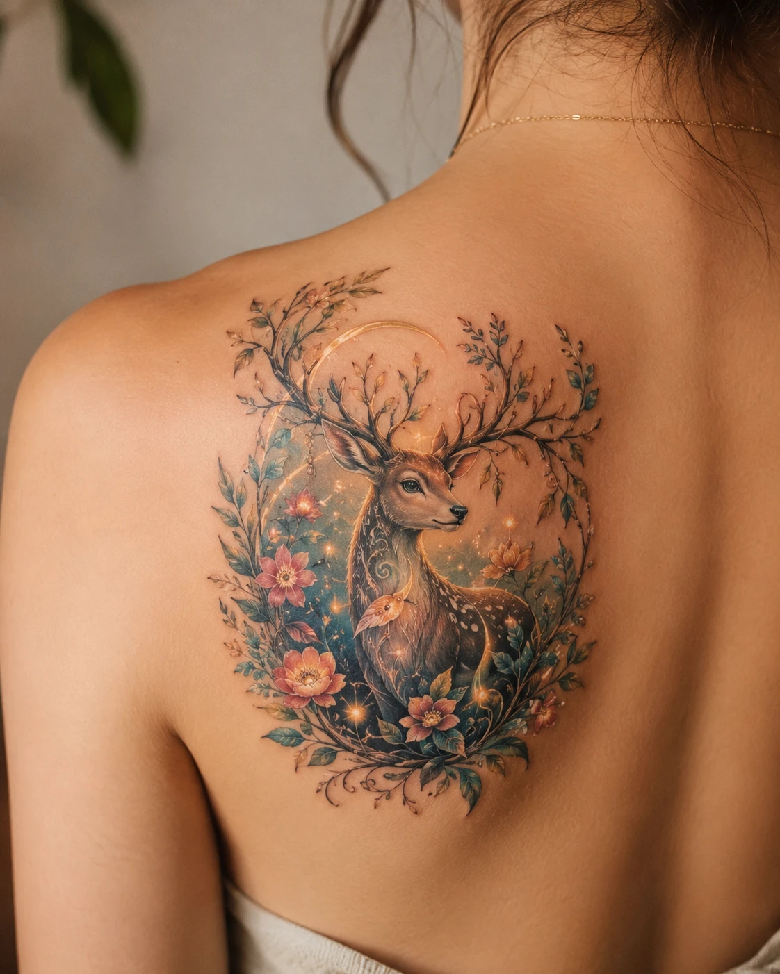 Young deer tattoo framed by antlers and wildflowers on back
