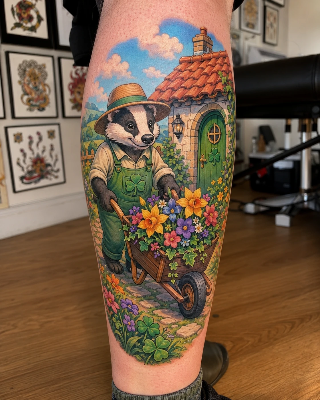 Badger gardener and flower wheelbarrow tattoo on the calf