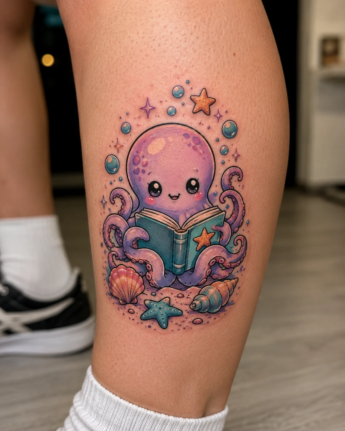 Curled tentacles cradle an open book.