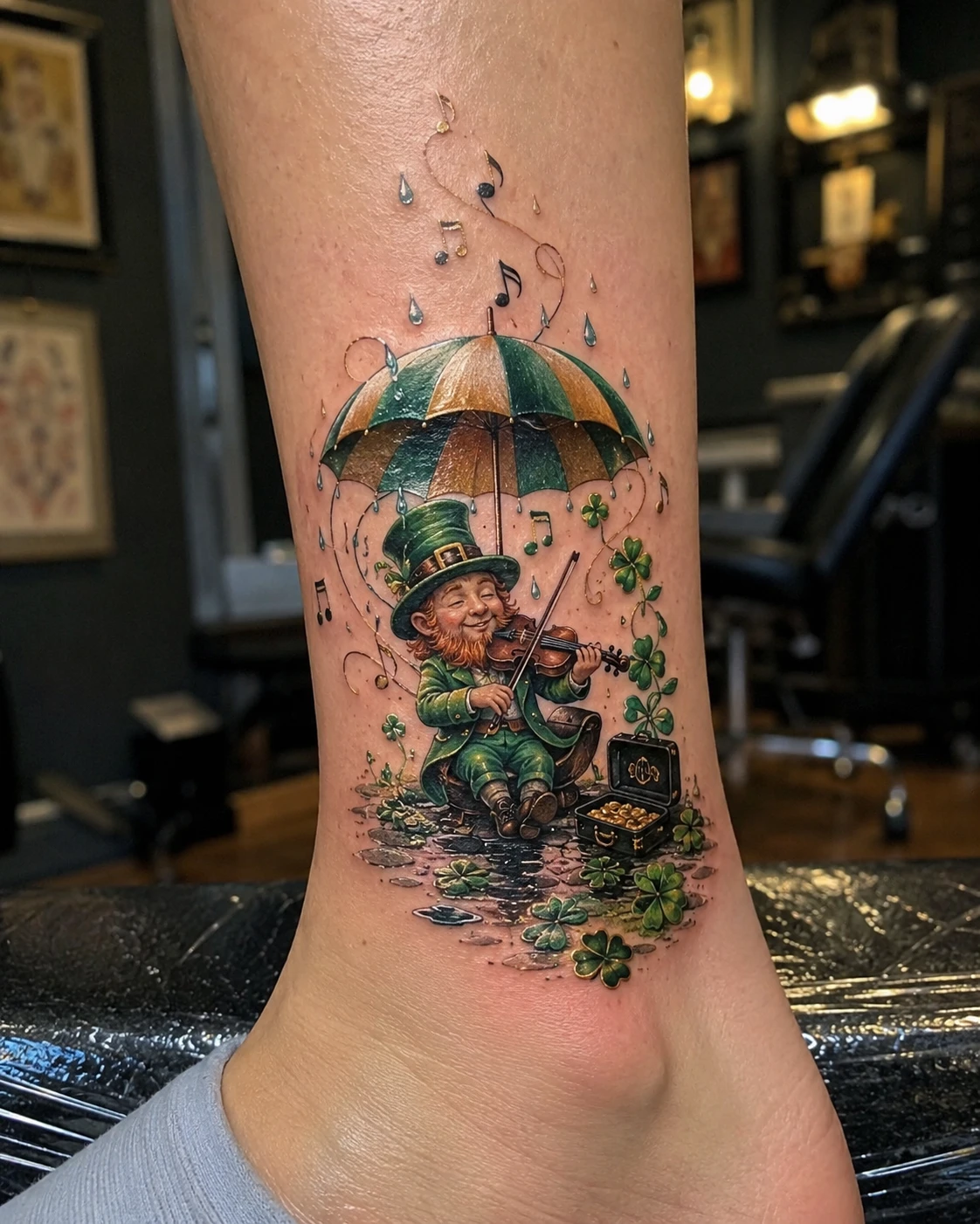 Small cat in a green coat beneath a striped rainy umbrella