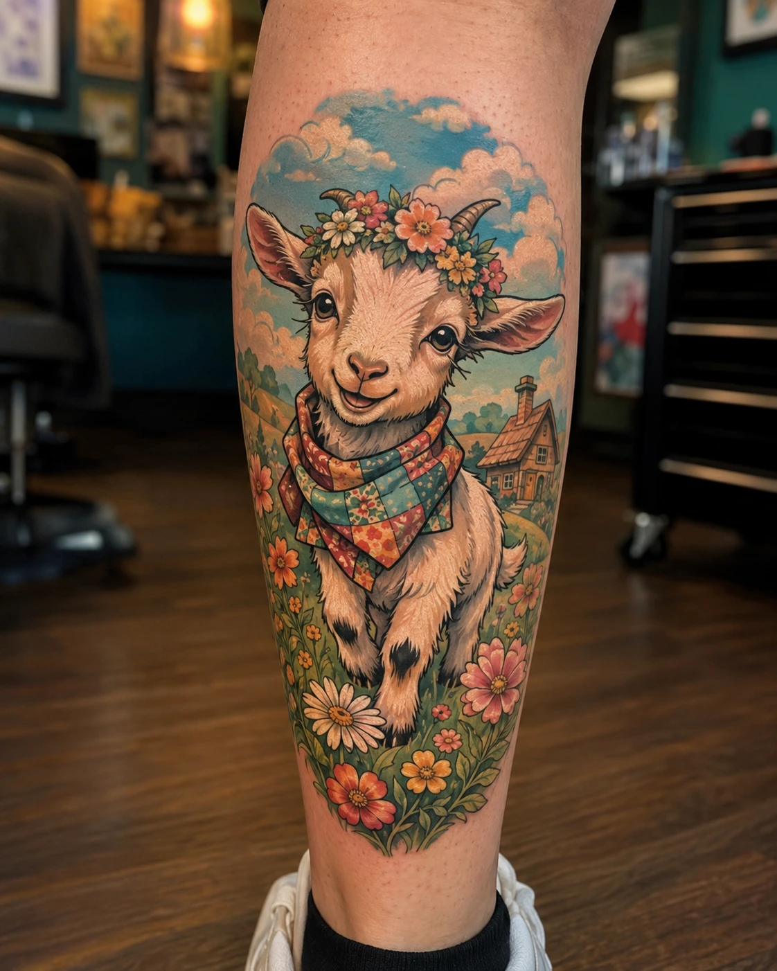 Smiling lamb in a scarf among meadow flowers and cottage
