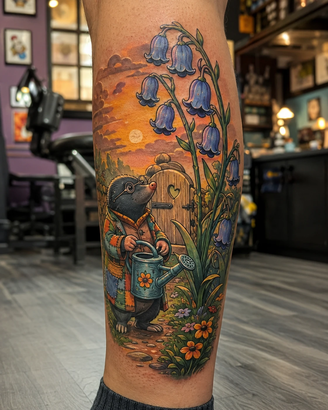 Mole watering a bluebell garden tattoo on the calf