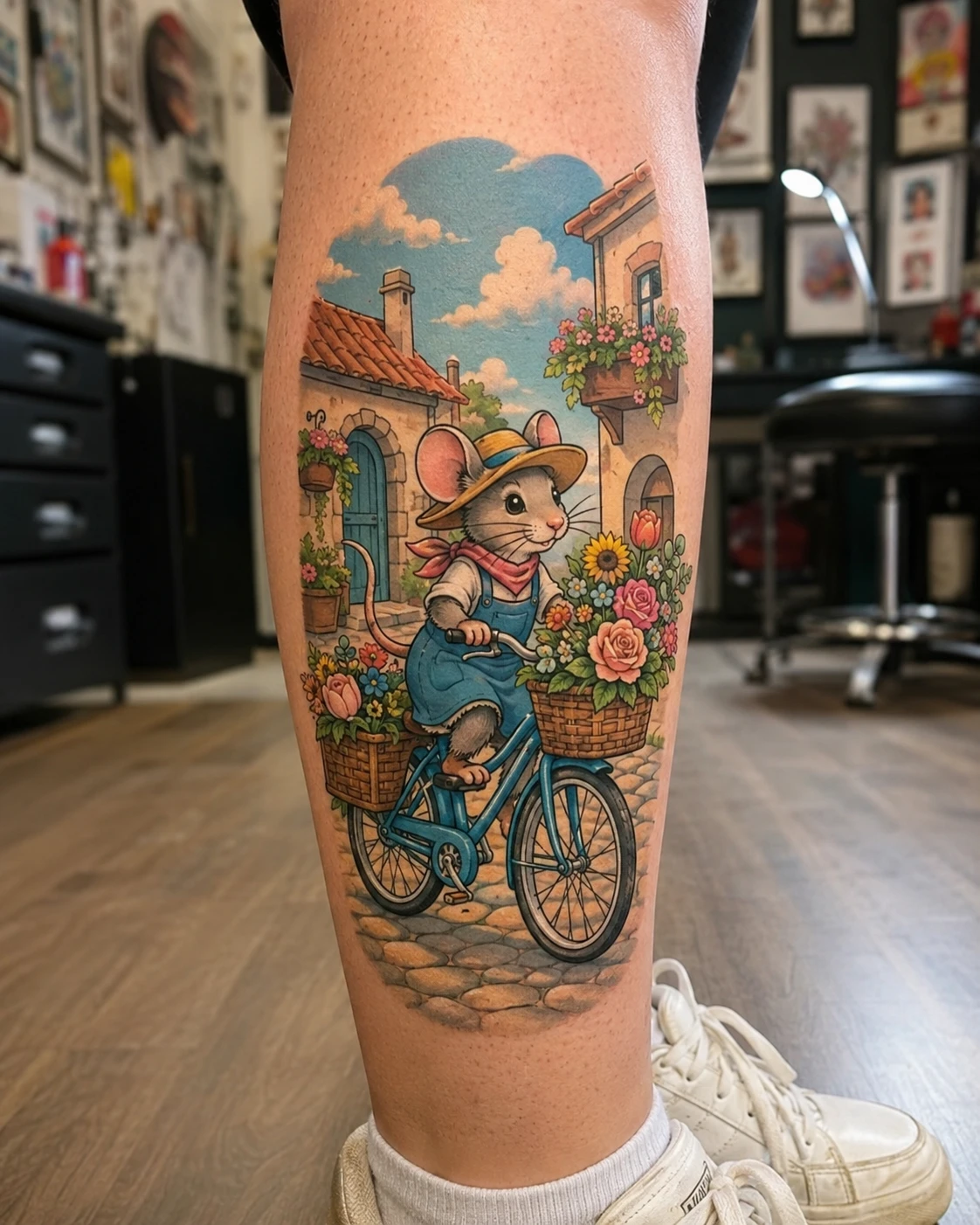 Mouse riding bicycle through flower village tattoo on calf