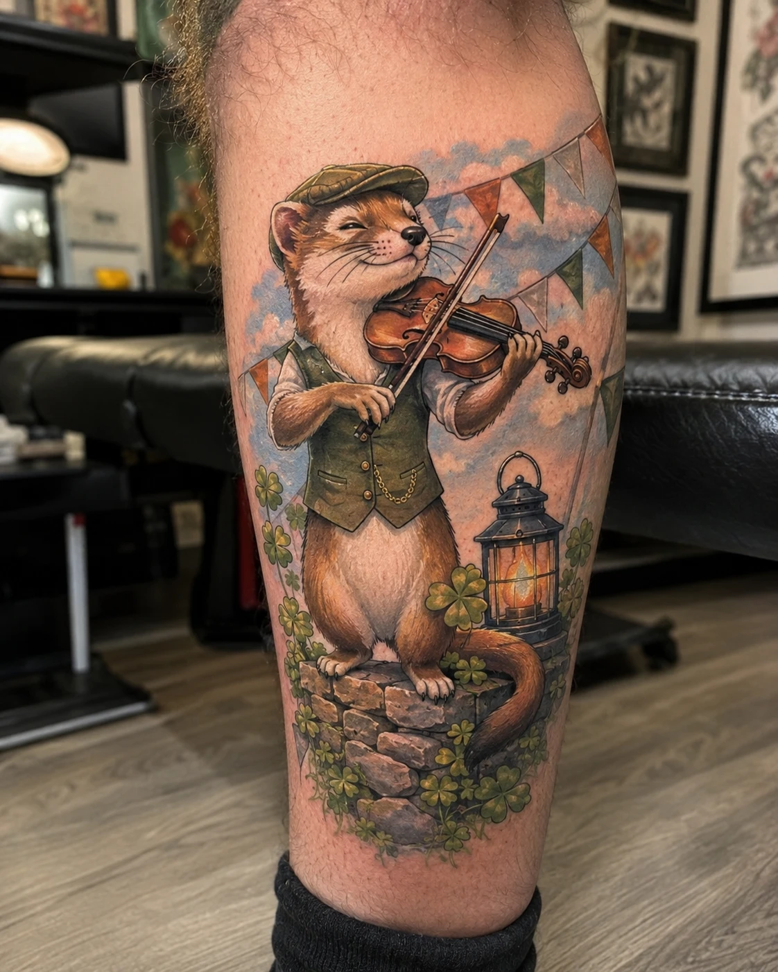 Otter playing violin tattoo beside lantern on the calf