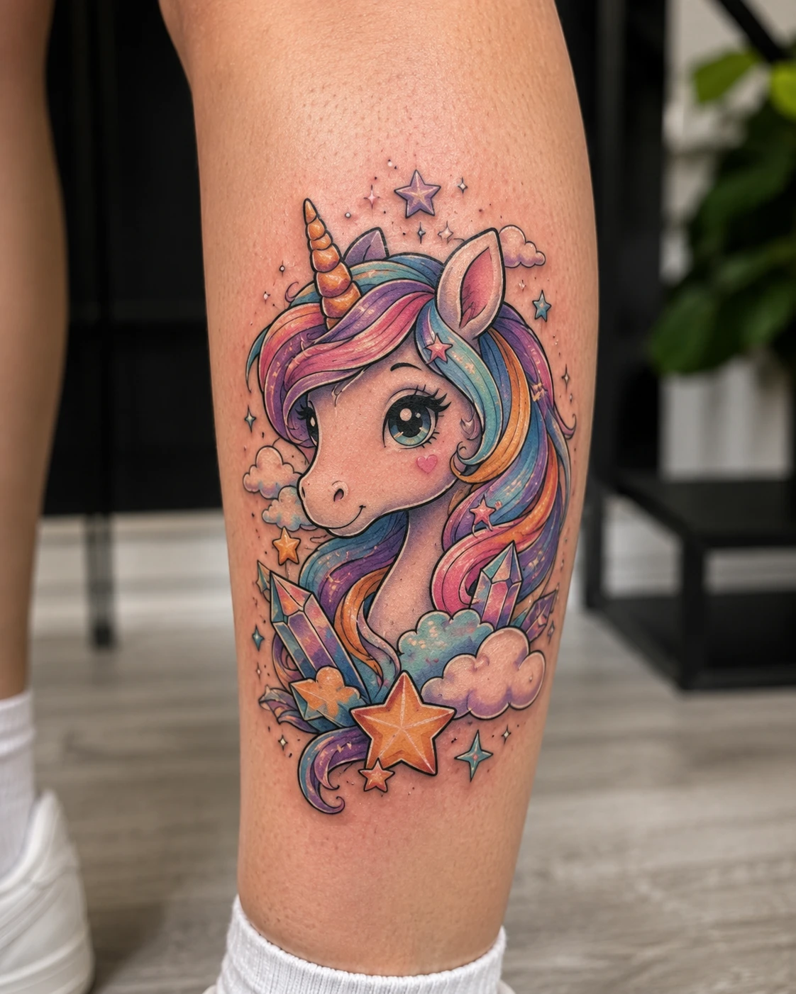 Pastel unicorn tattoo with crystals and stars on the calf