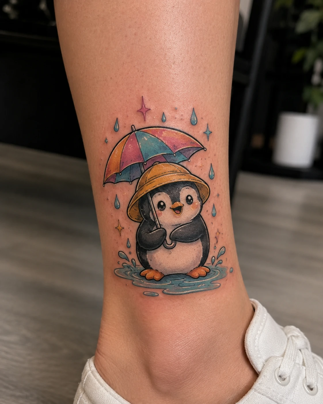 Tiny penguin beneath a striped red umbrella in blue rain