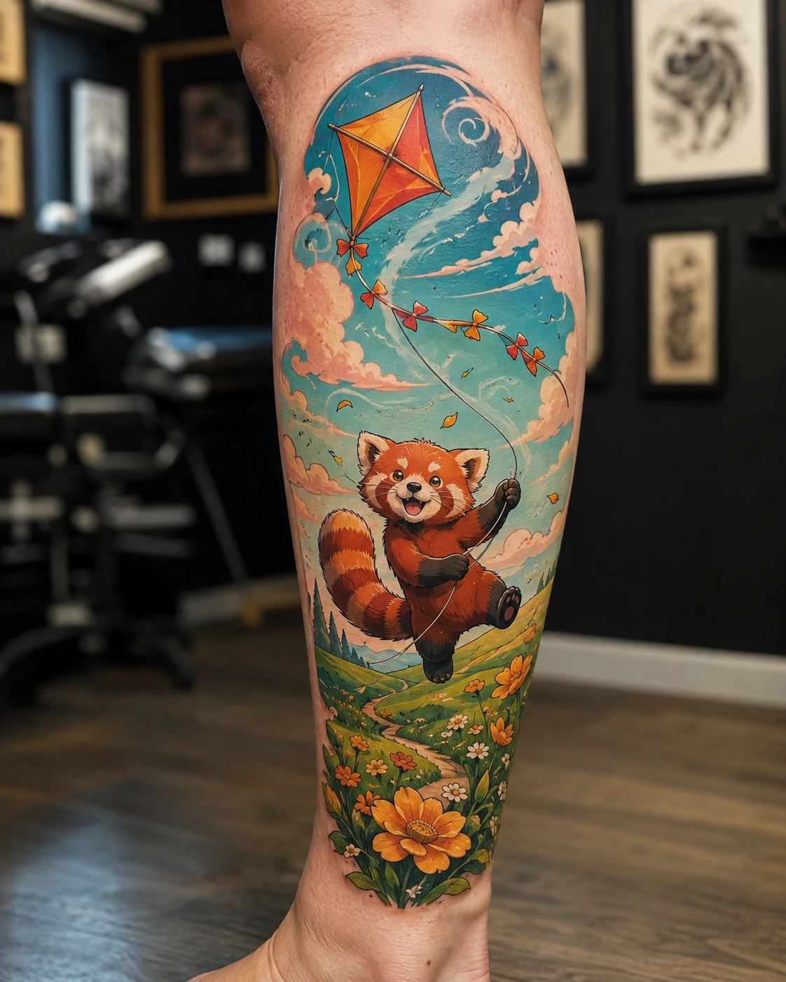 Colour calf tattoo of a red panda flying an orange kite above meadow flowers.