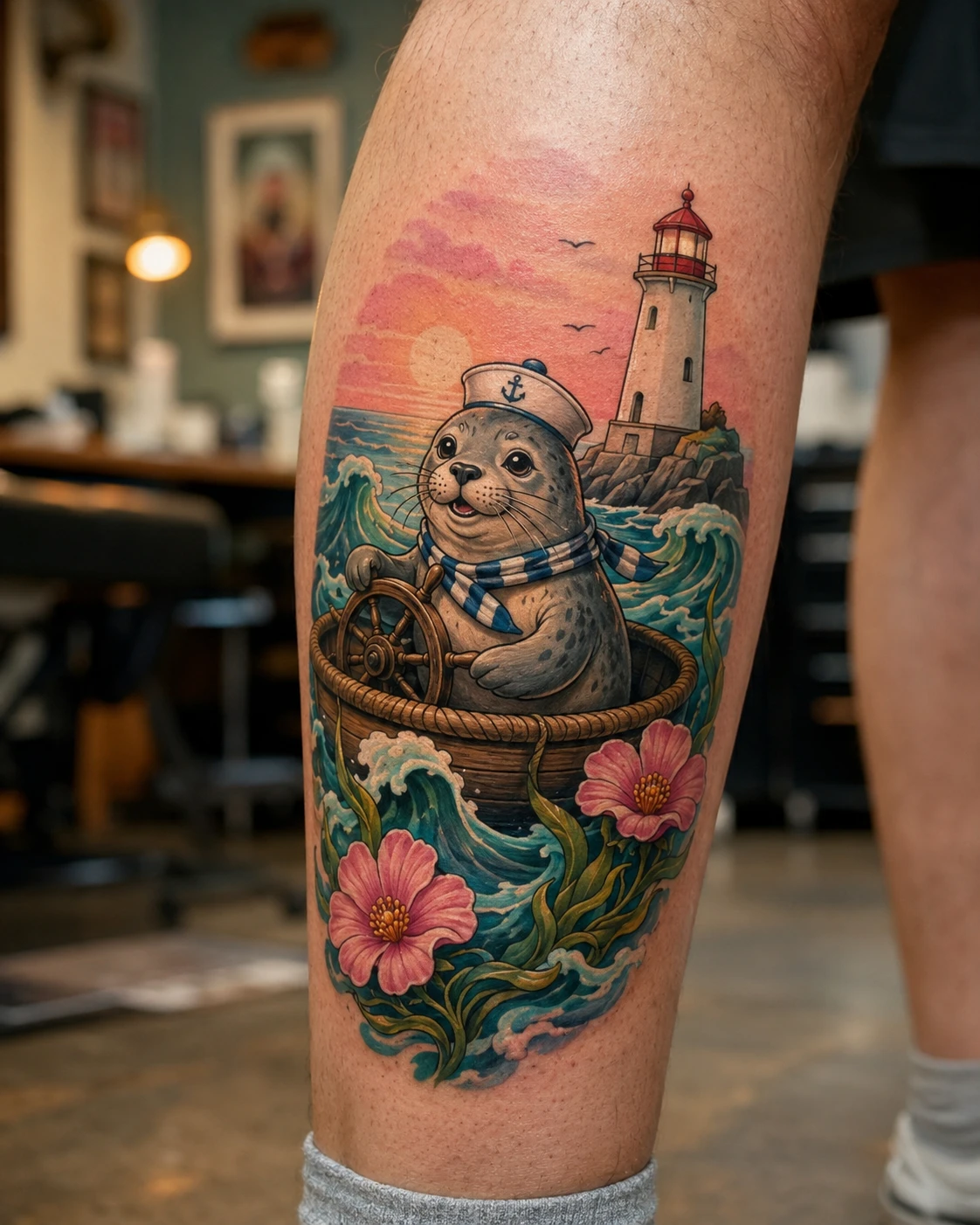 Cartoon sailor seal in a boat by a lighthouse on the calf