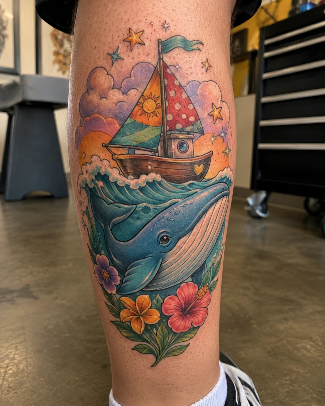 Colour calf tattoo of a blue whale, sailboat, pink flowers, waves and stars.