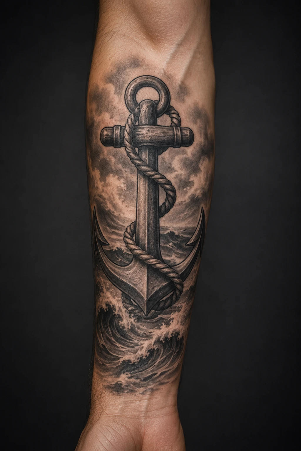 Heavy anchor standing through foaming waves, rope and storm clouds