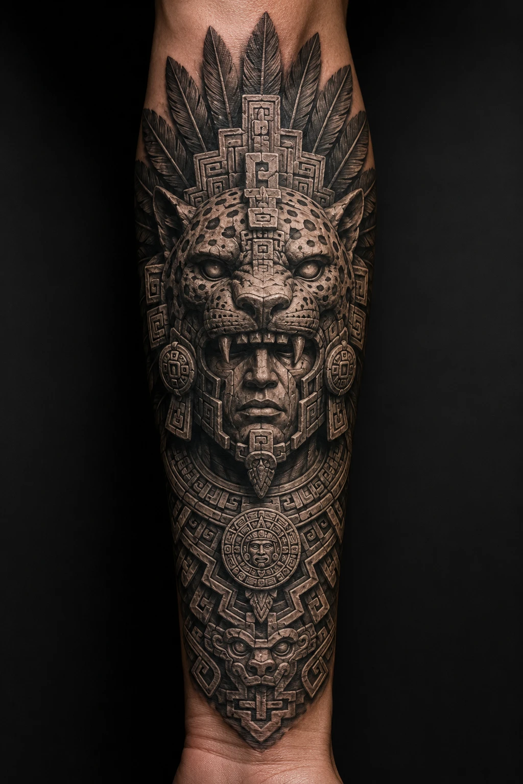 Warrior wearing a jaguar headdress among feathers and carved ornaments.