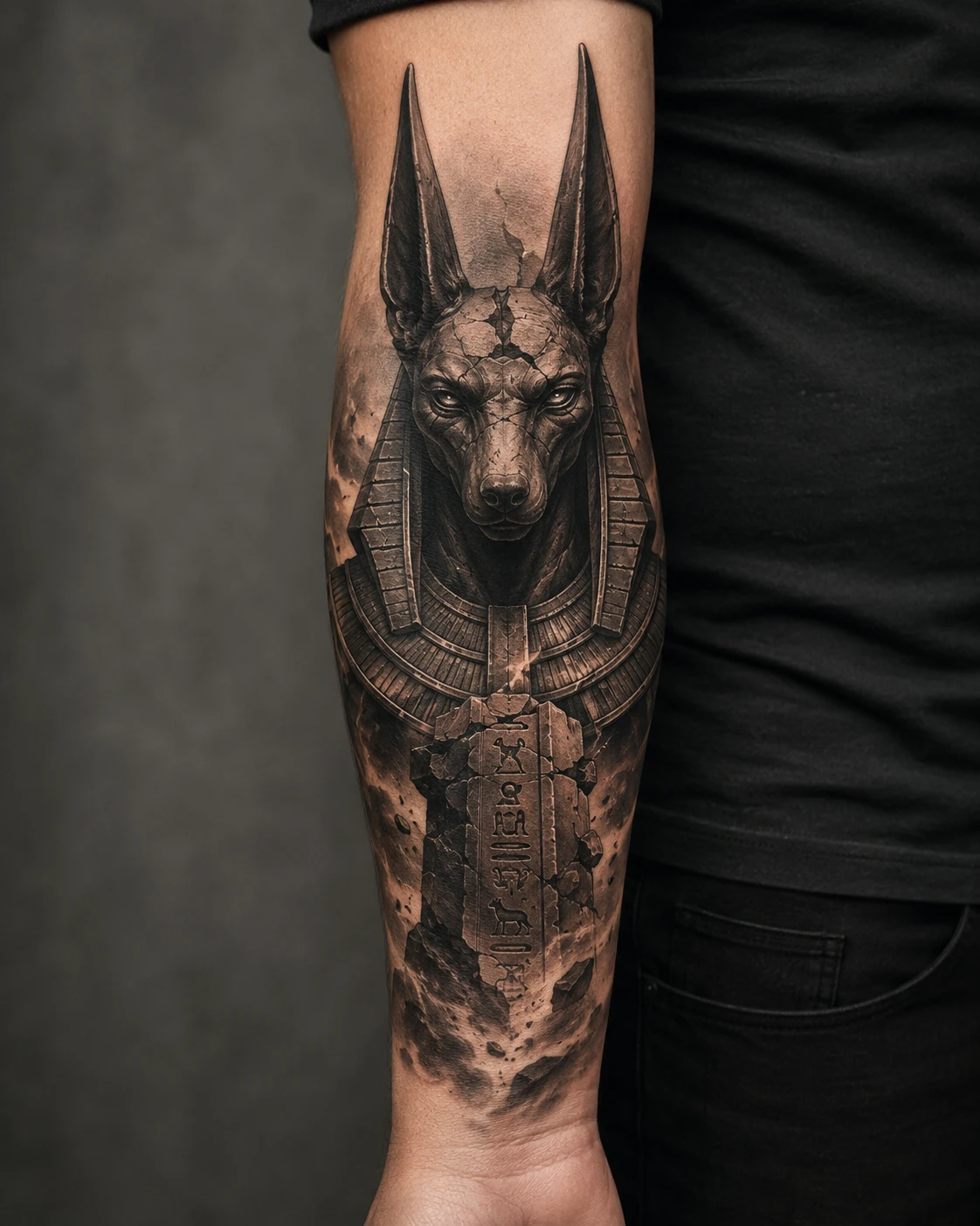 Anubis portrait above a fractured hieroglyphic stone panel.