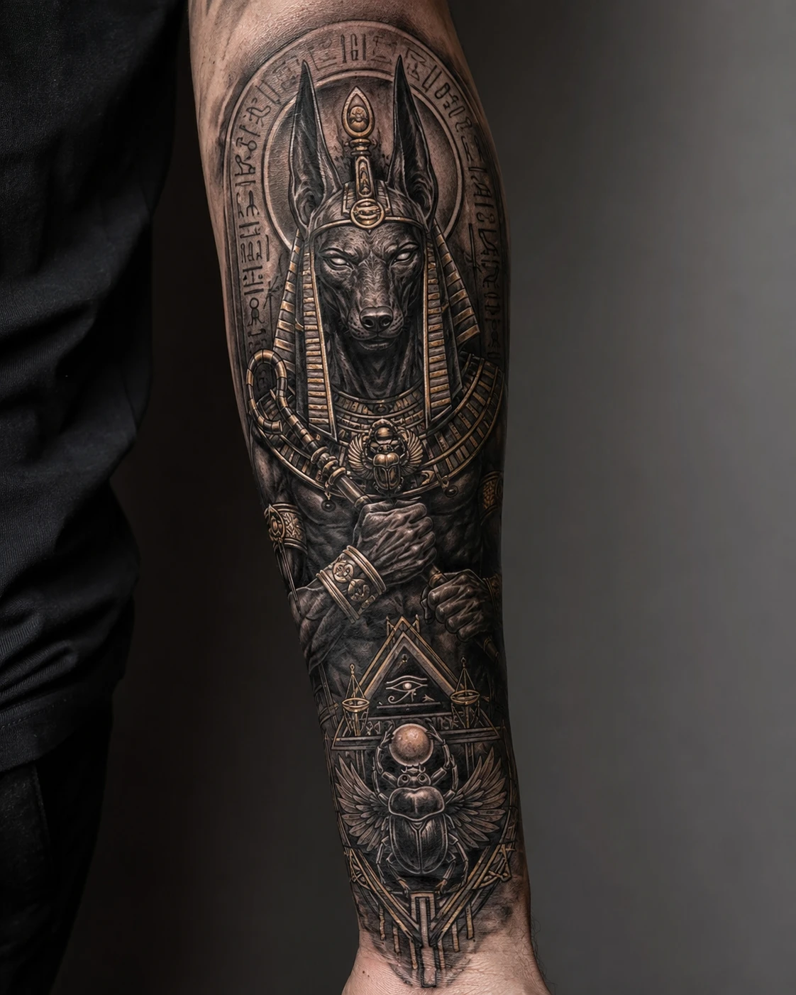 Jackal headed Anubis stands within angular Egyptian framing, layered stone and deep black shadow.