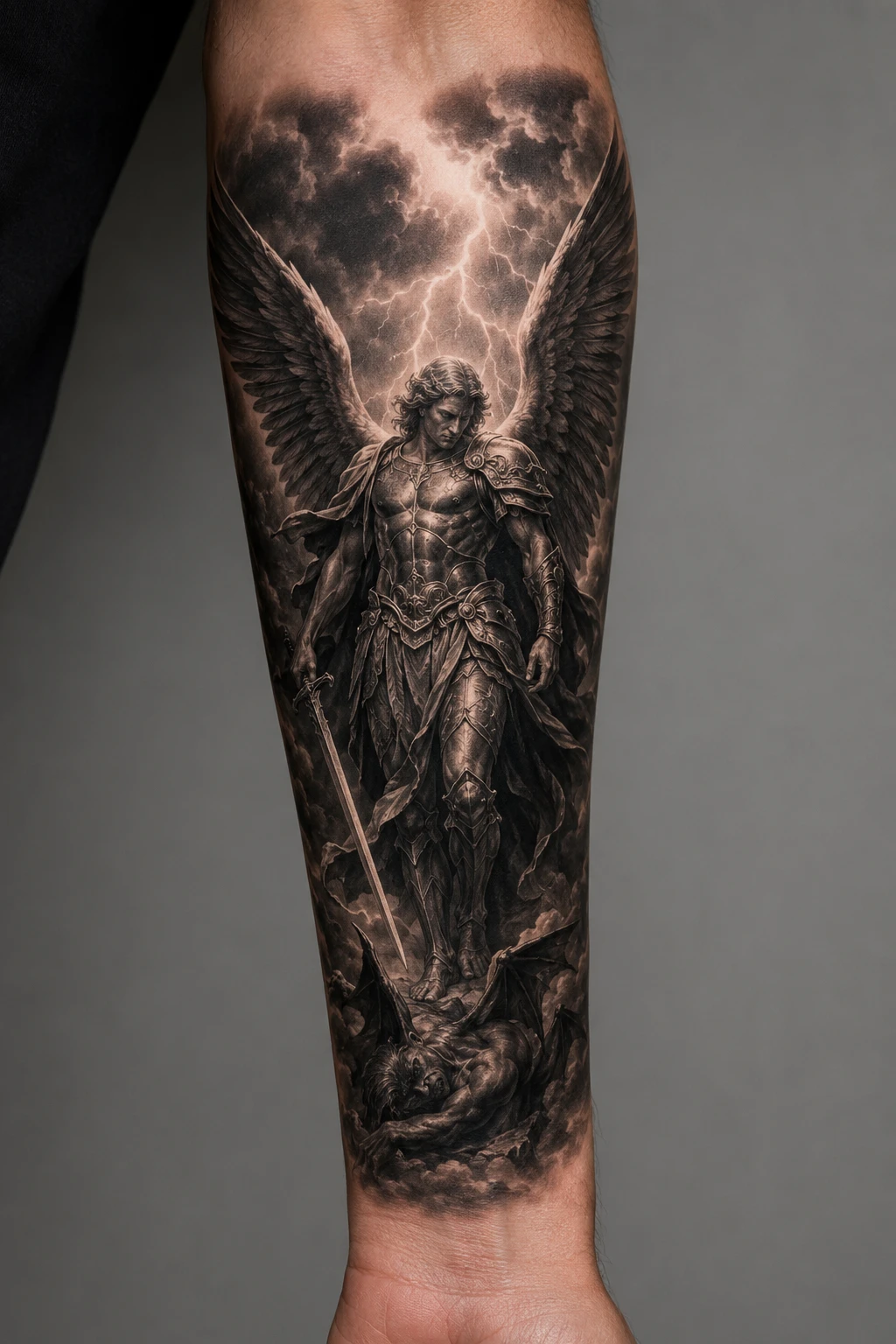 Armoured angel with lowered sword beneath branching white lightning