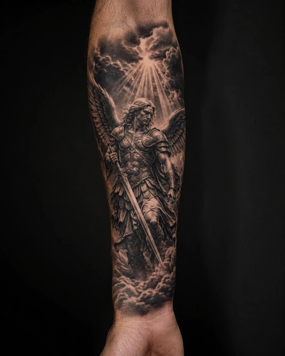 Winged archangel raises a sword above layered armour, feathers and dramatic storm lit shading.