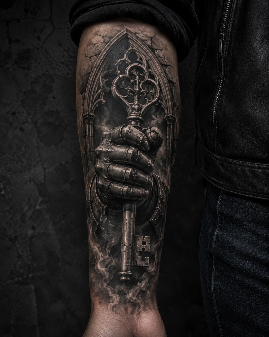 Armoured hand holding ornate Gothic key tattoo on forearm