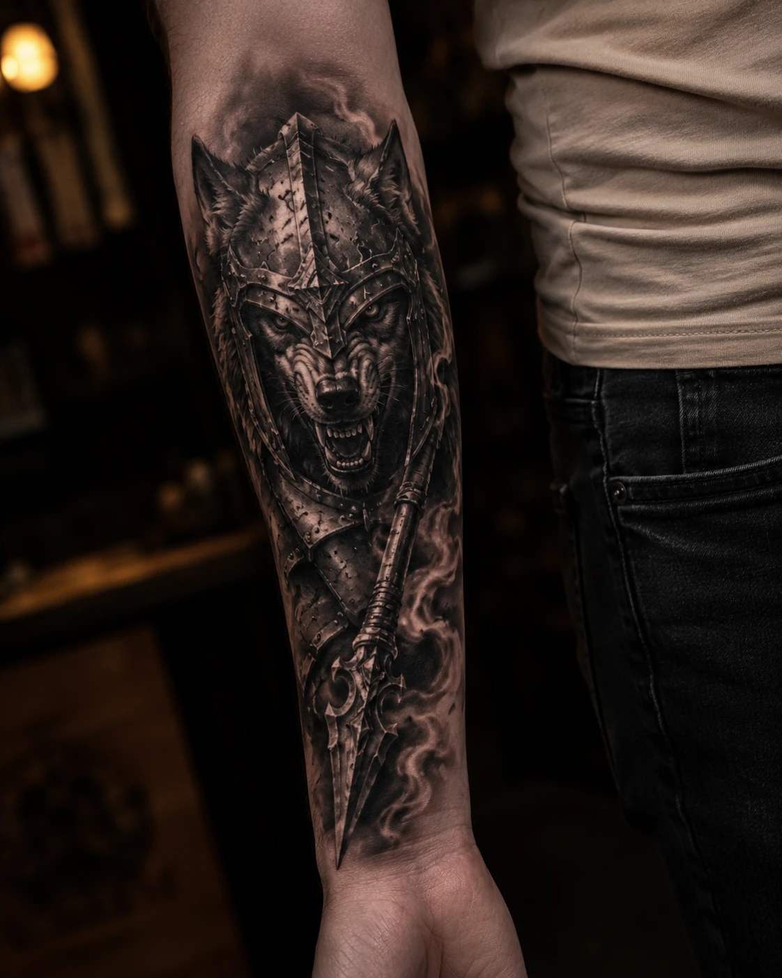 Snarling wolf warrior in angular armour among broken metal