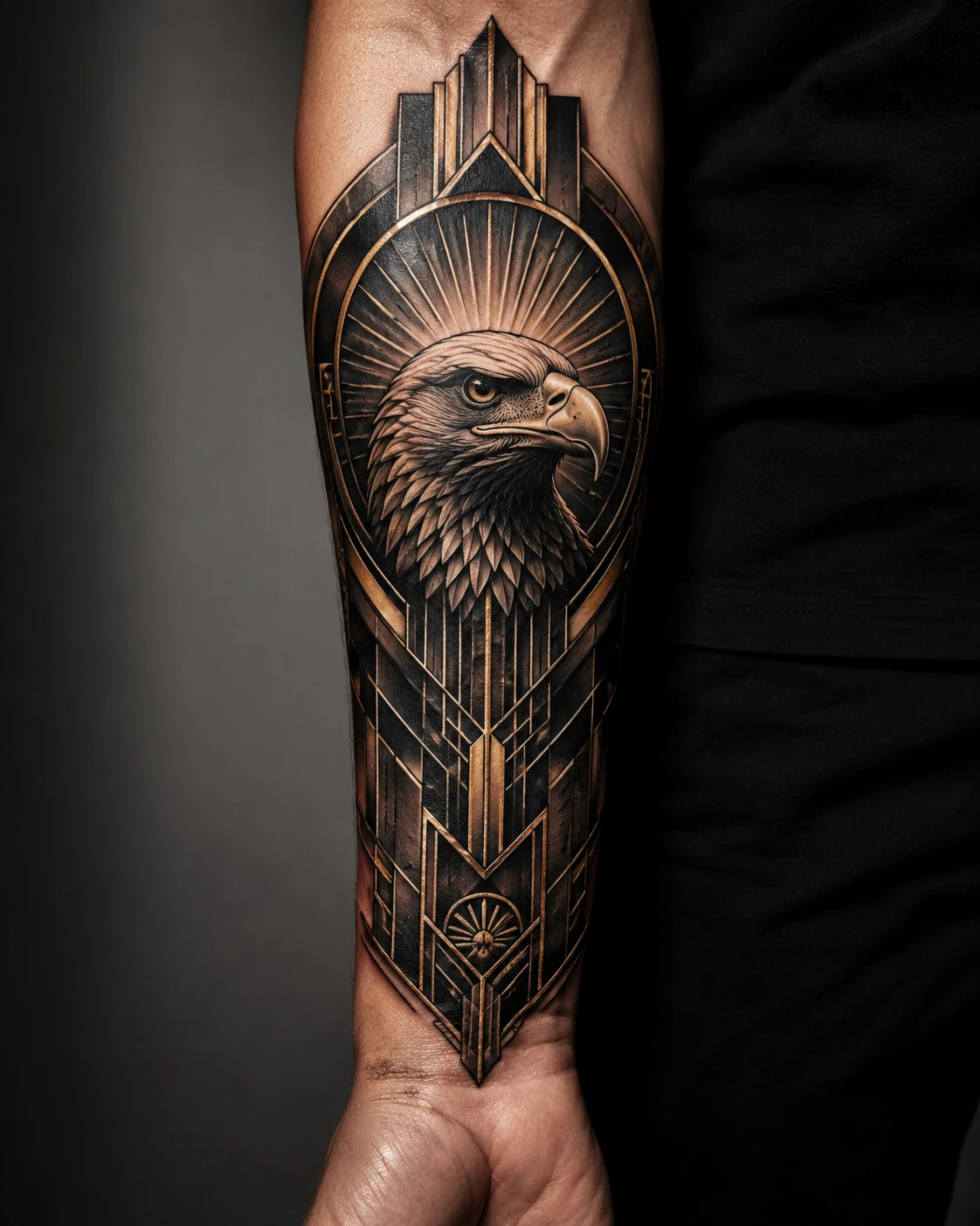 Bald eagle head framed by black Art Deco geometry and bronze accents.