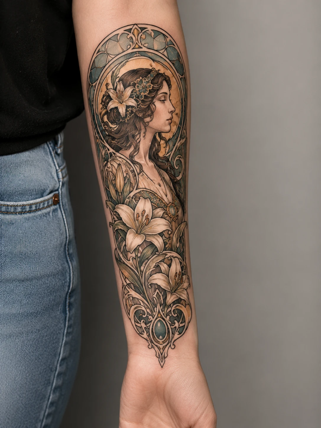 Profiled woman among lilies and vines in an Art Nouveau frame