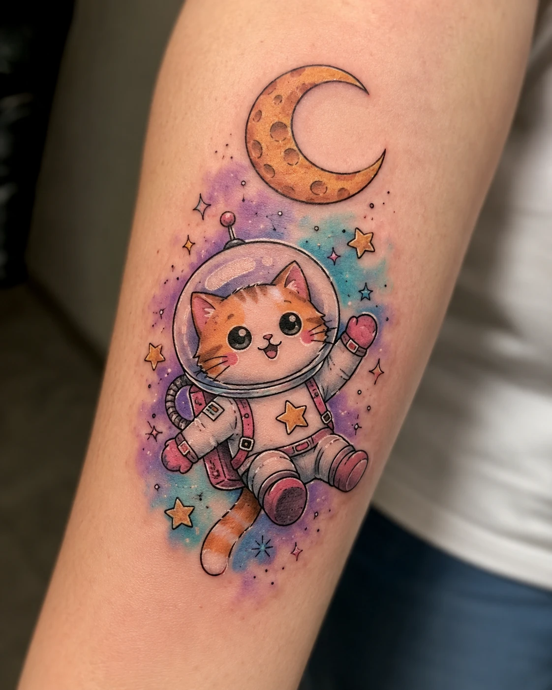 Ginger cat in a spacesuit floating in a pastel nebula below a crescent moon and gold stars, on a forearm