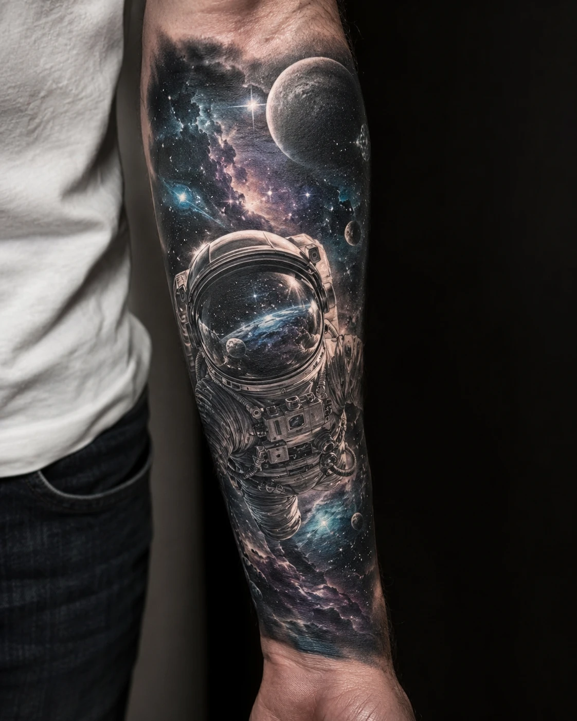 Astronaut helmet and deep space tattoo across the forearm