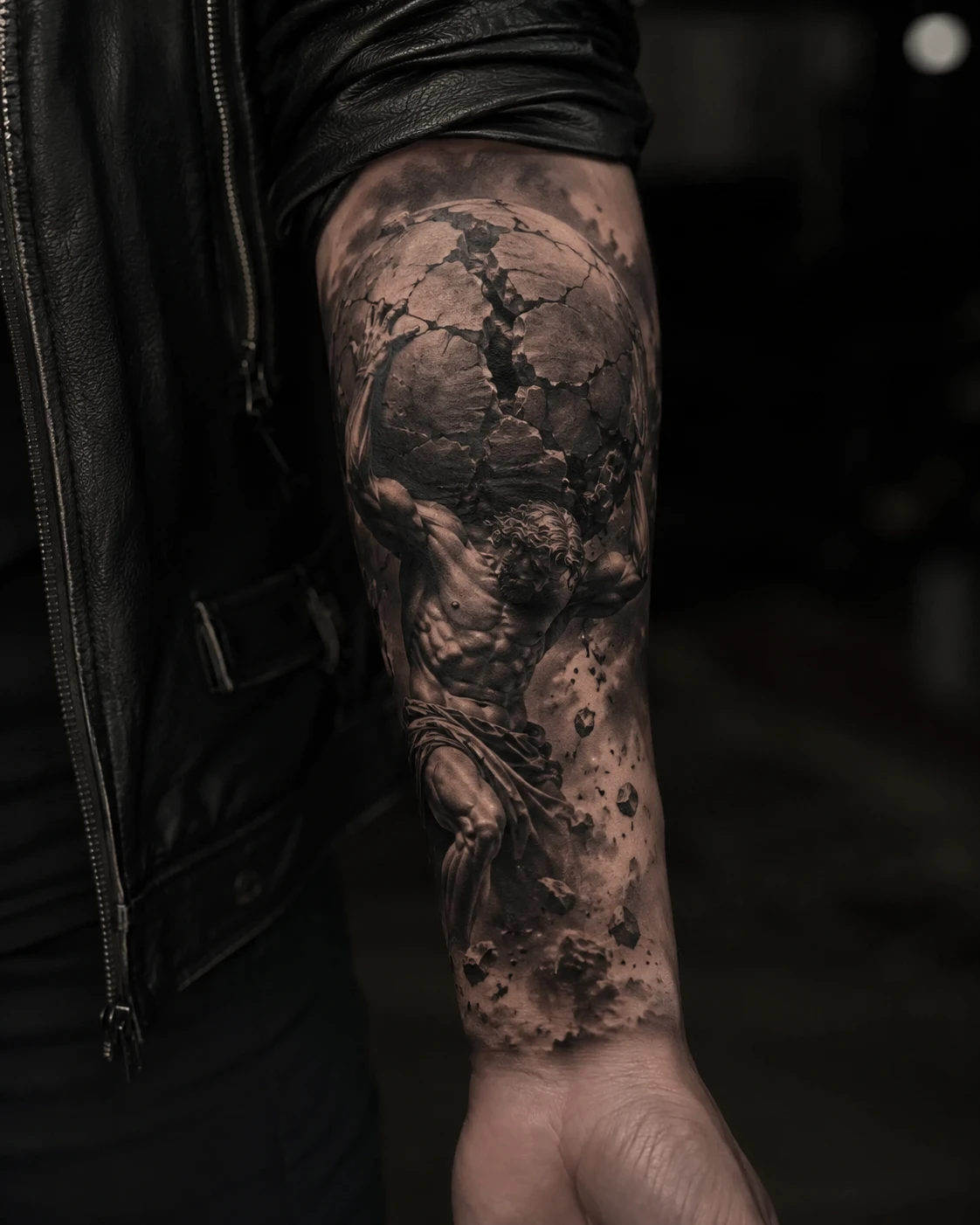 Muscular Atlas braces beneath a fractured globe.