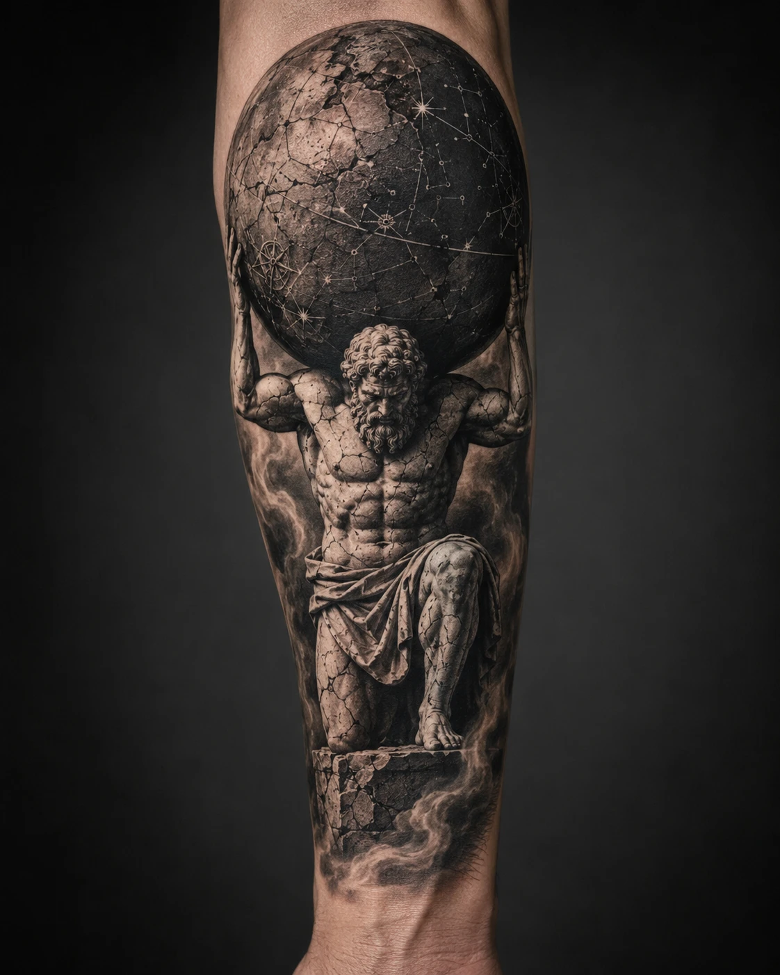 Kneeling Atlas supports a vast globe across his shoulders.