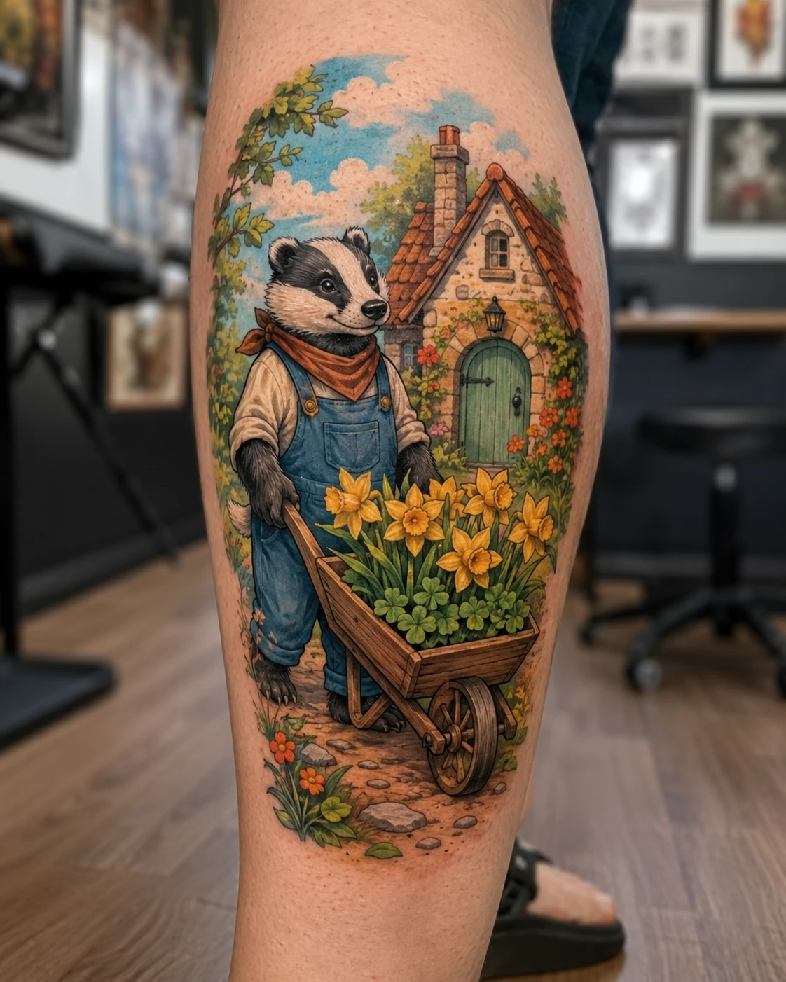 Badger pushing yellow flowers beside a stone garden cottage