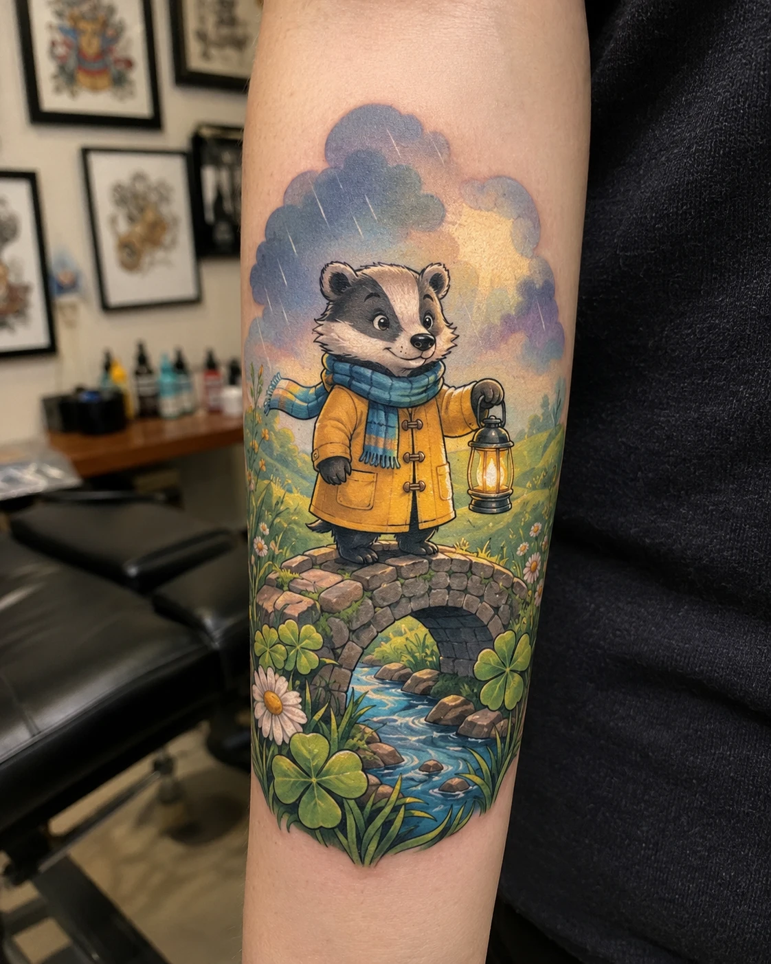 Friendly badger carries a glowing lantern through leafy woodland in rich storybook colour.