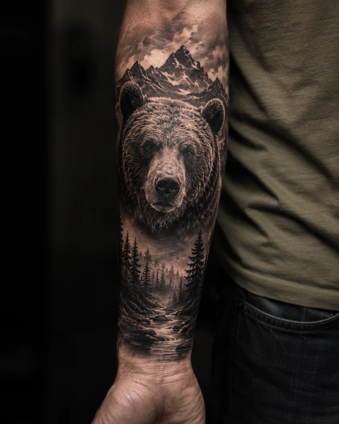 Strong bear portrait rises above a pine valley and distant peaks wrapped in soft atmospheric haze.