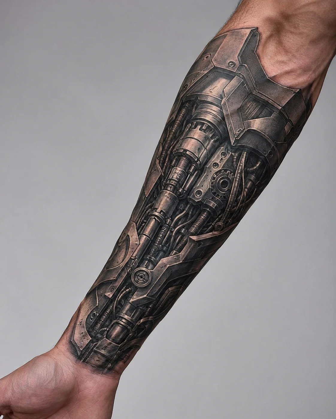 Layered plates, cables and piston forms wrap the forearm like precision engineered mechanical armour.