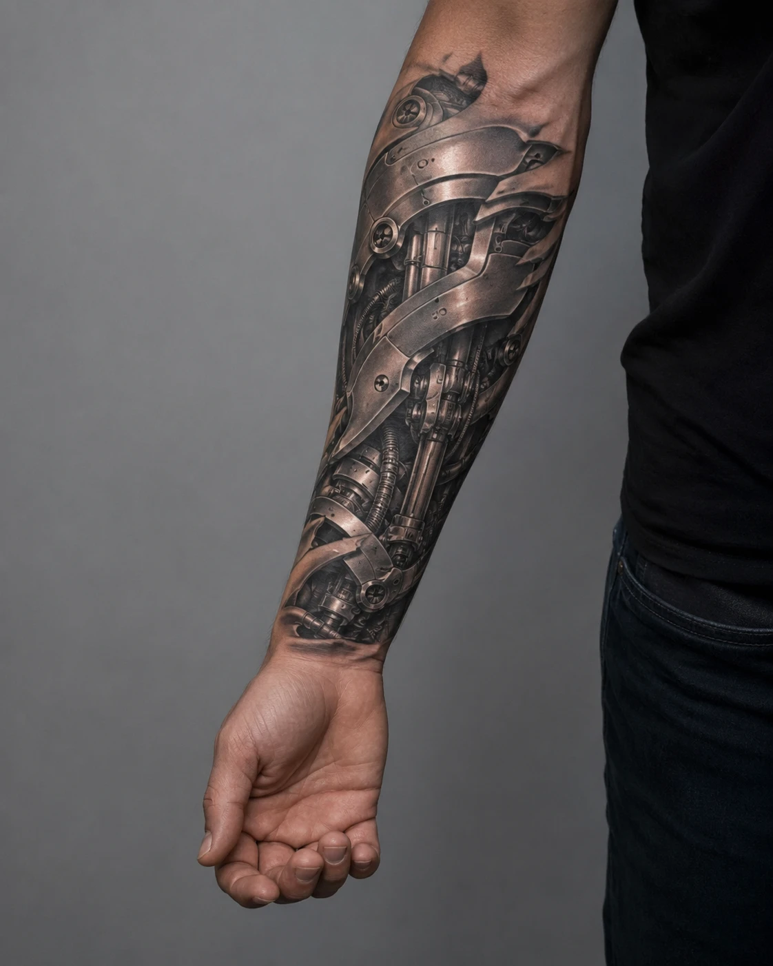 Torn plating peeling back to reveal pistons, cabling and hex bolts, wrapping a forearm