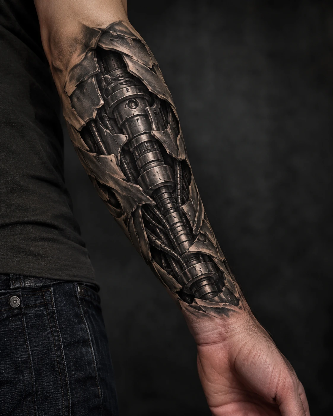 Steel pistons and segmented mechanical armour beneath torn forearm skin