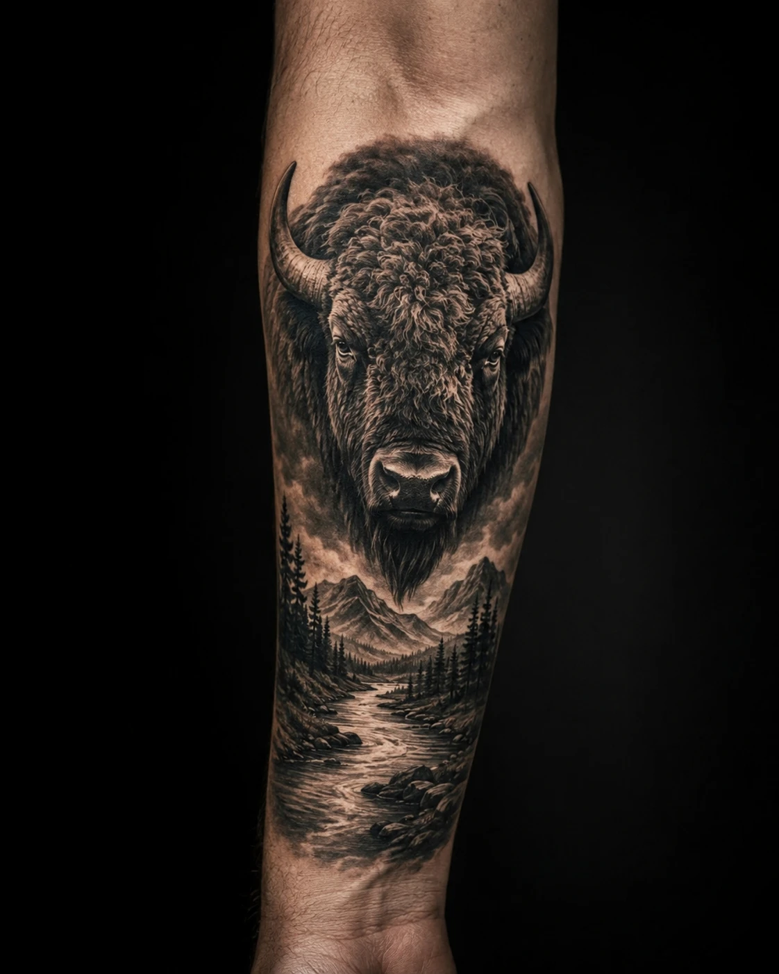 Broad bison above a winding river valley and mountain ridges