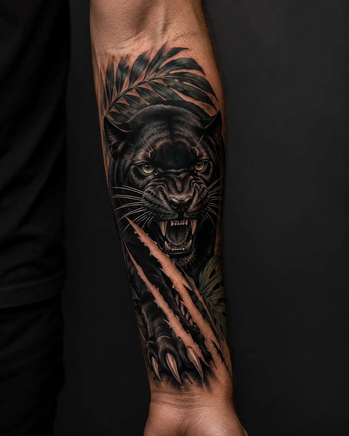 Snarling black panther tearing through green leaves with pale claws