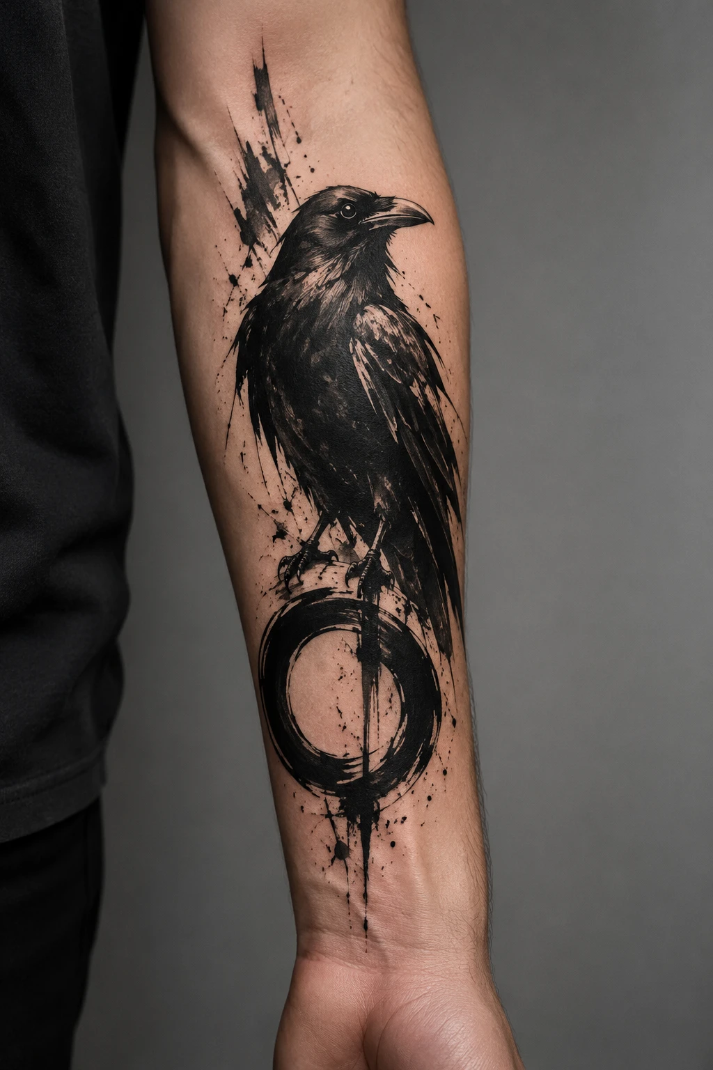 Black raven cuts across a loose ink circle with splashed feathers and expressive brush texture.