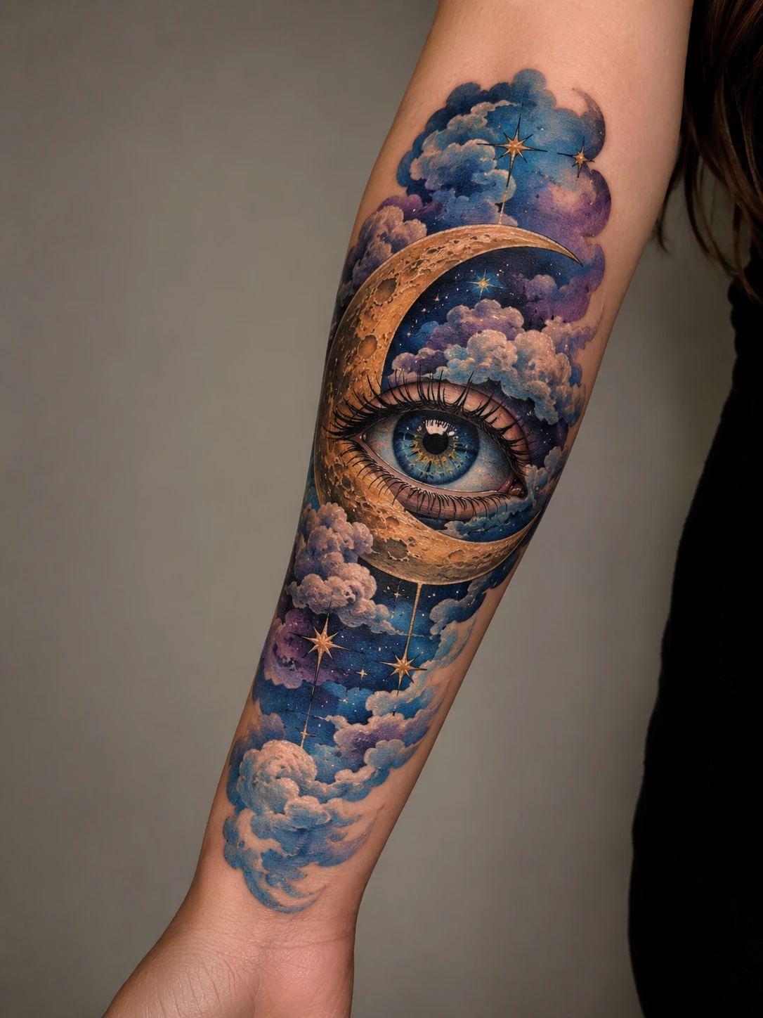 Blue eye framed by a golden crescent, clouds and stars.