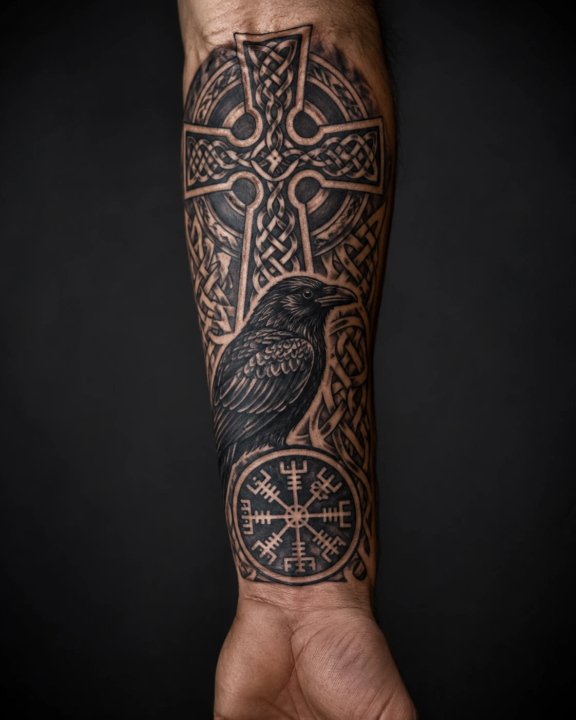 Knotwork cross anchors a raven, compass points and circular geometry in a dense black composition.