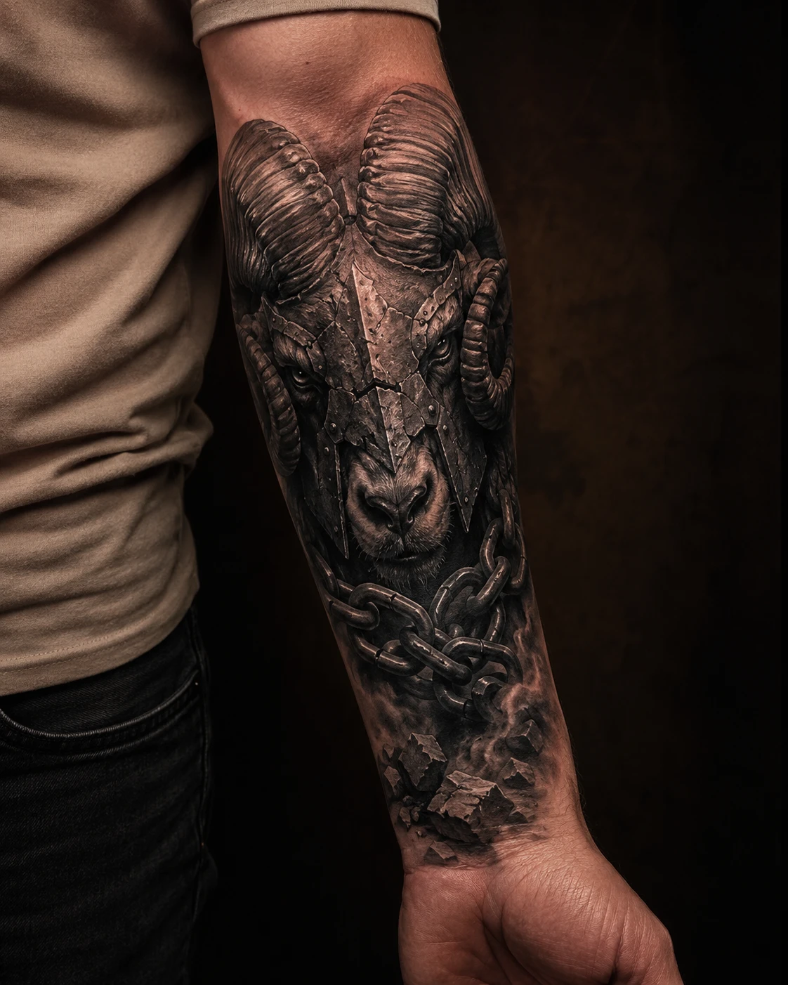 Muscular bull surges forward beneath heavy broken chains.