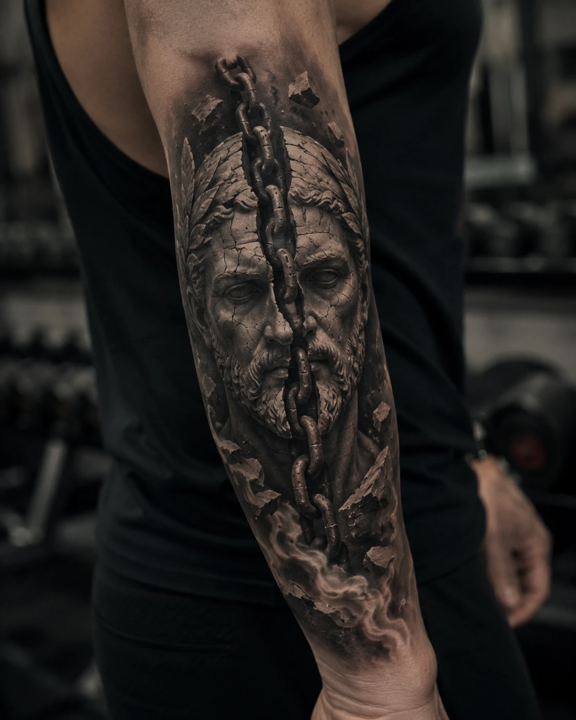 Cracked classical face divided vertically by a dark iron chain.